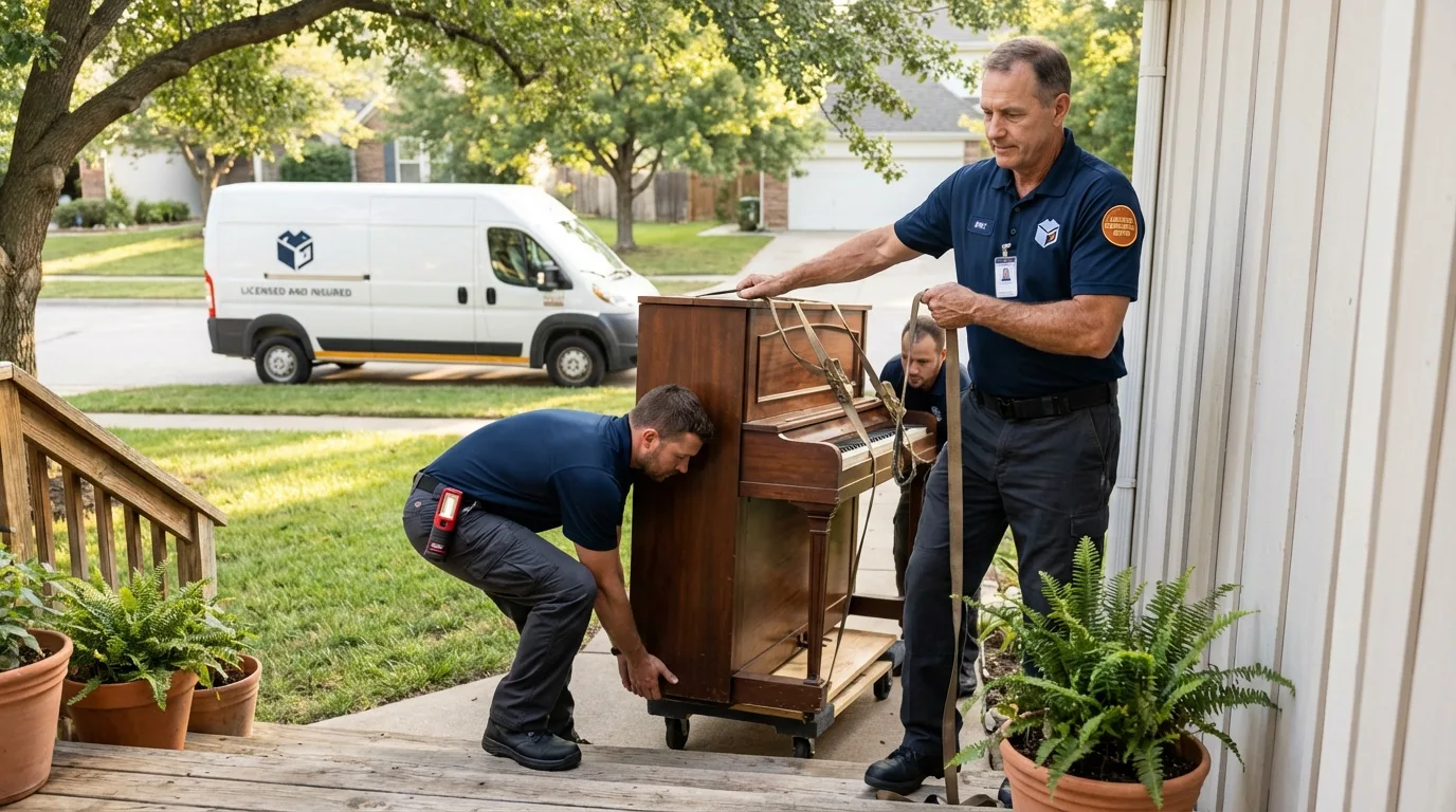 Licensed piano movers securing grand piano in Canaan, CT