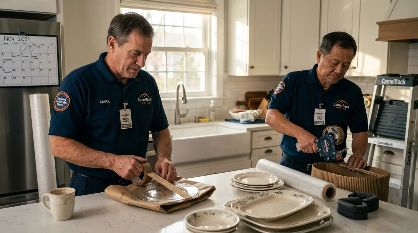 Professional crew packing kitchen dishware in Canaan, CT